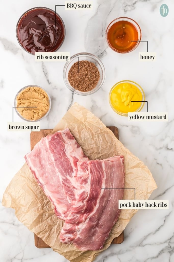 smoked ribs recipe Ingredient Image: pork baby back ribs, yellow mustard, brown sugar, rib seasoning, honey, and bbq sauce.