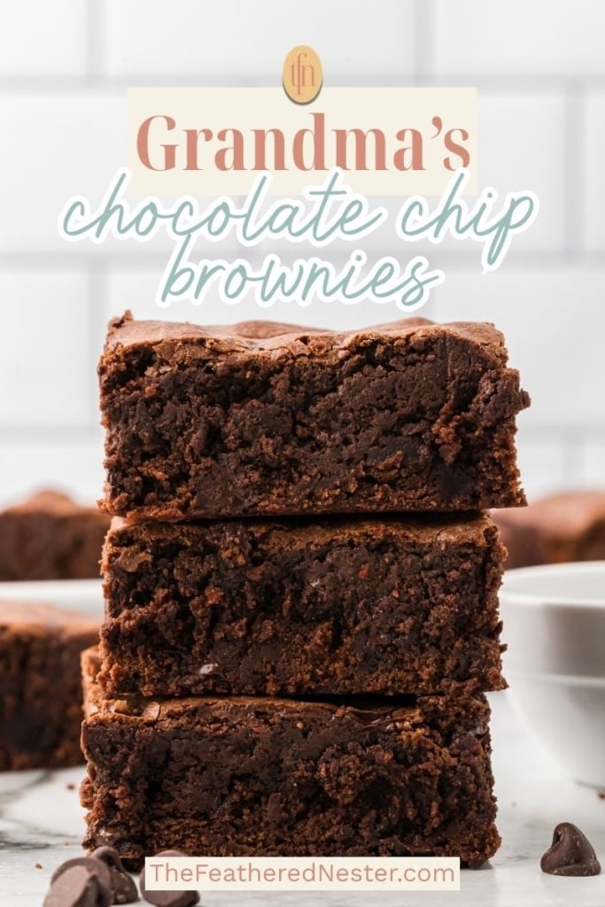a graphic pin image for chocolate chip brownies.