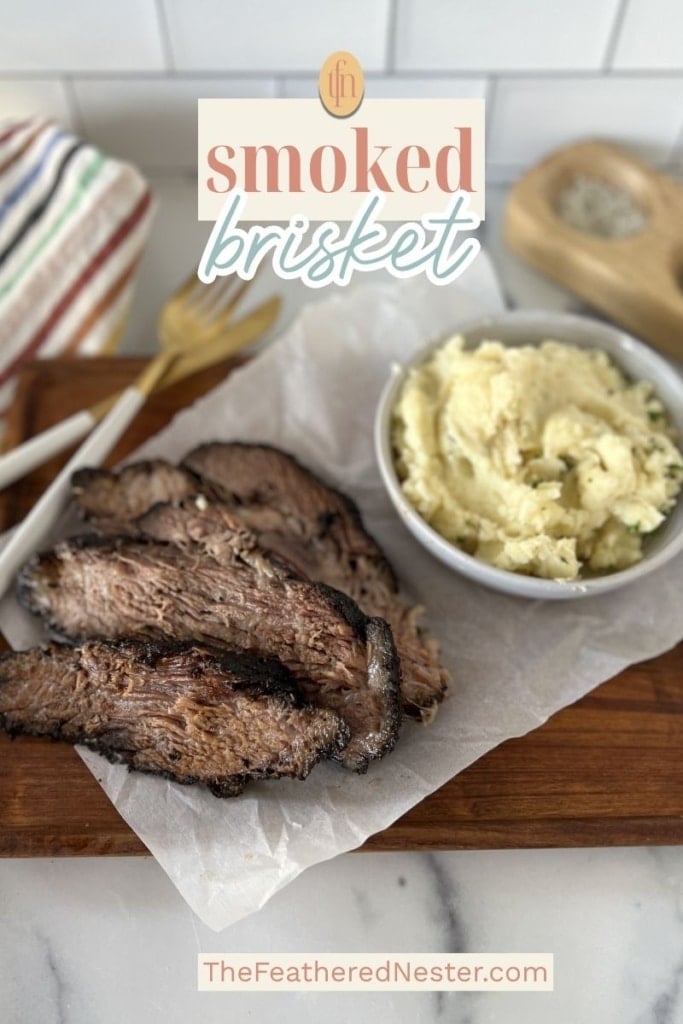 a graphic pin image for smoked brisket recipe.
