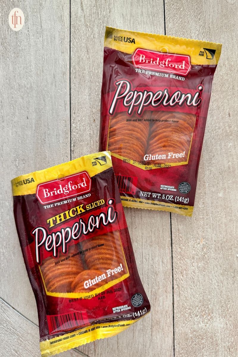 two packs of Bridgford Pepperoni.