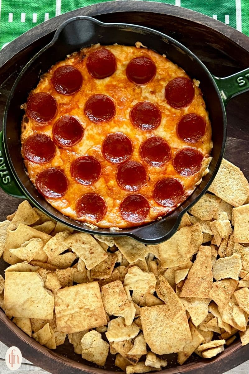 pepperoni dip in skillet.