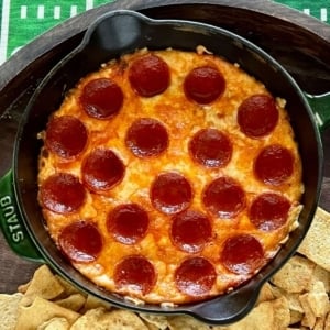 pepperoni dip in skillet.